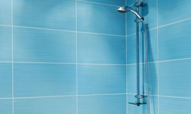 bathroom with blue tiles and steel shower head